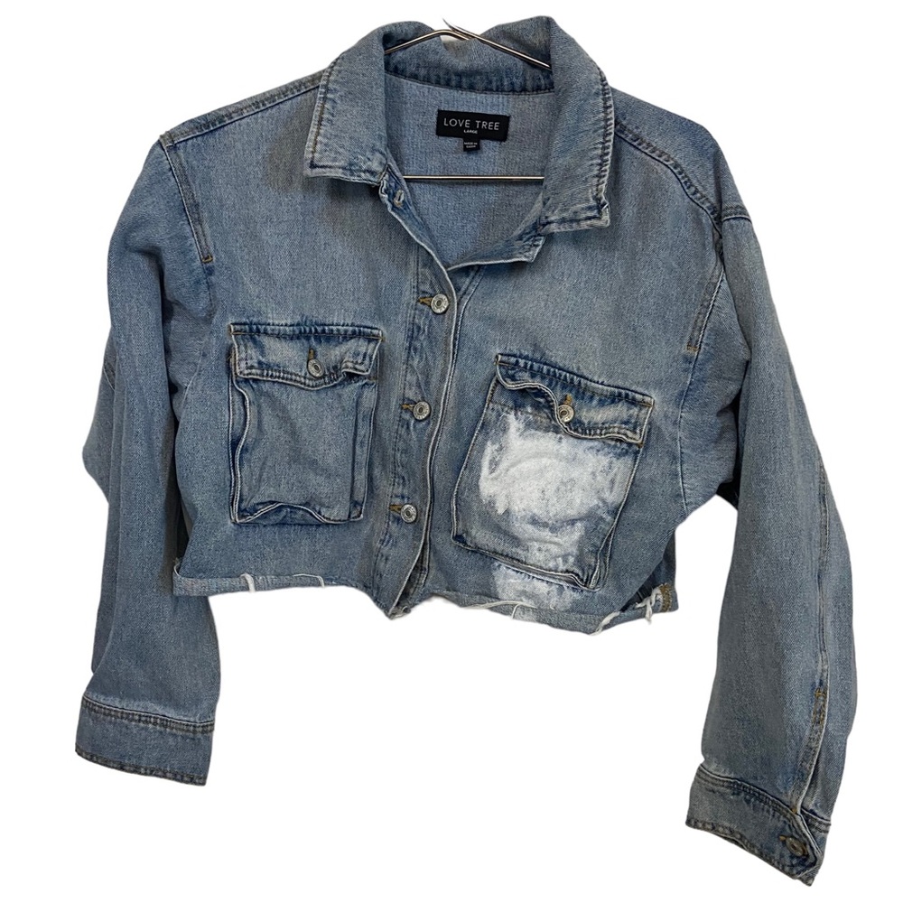 Retro Love Tree Women’s L Acid Wash Crop Top Jean Jacket MINTY